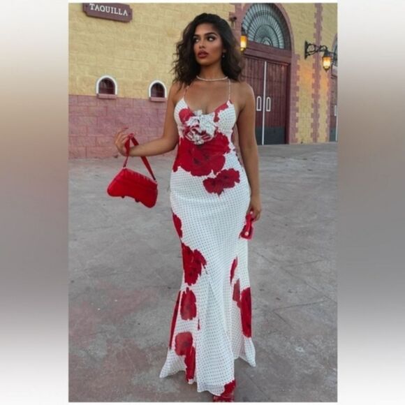 NWT Zara FLORAL PRINT LONG DRESS Polka Dot White And Red Flower - Picture 2 of 16